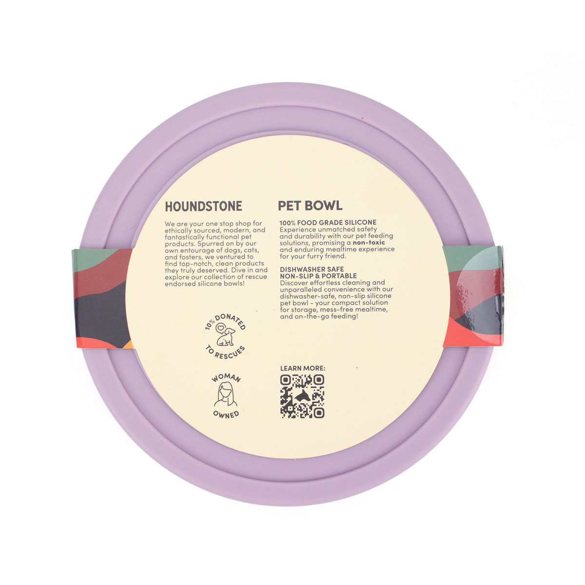 houndstone pony silicone dog bowl in mauve, bottom view with product information