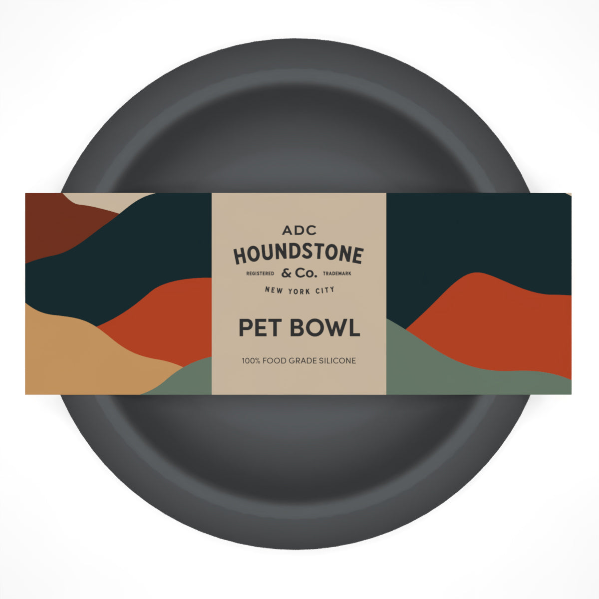 Dark gray dog food bowl with a colorful Houndstone label on a white background