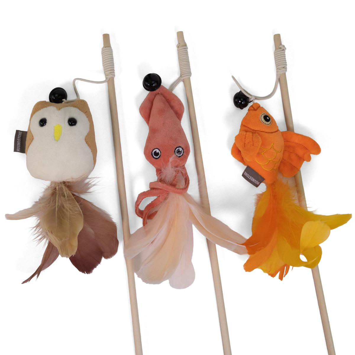 Goldfish Cat Toy Wand, with Bamboo Handle, Bell & Feathers