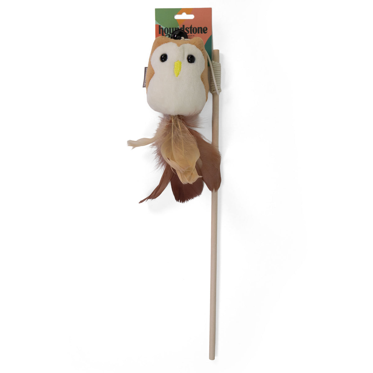 Owl Cat Toy Wand, with Bamboo Handle, Bell & Feathers