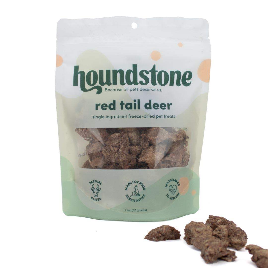 Houndstone red tail deer hypoallergenic dog treats packaging on a white background
