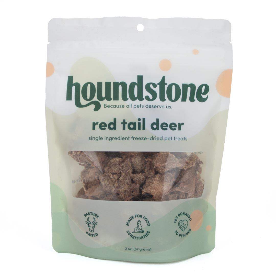 Houndstone red tail deer freeze dried dog treats packaging on a white background