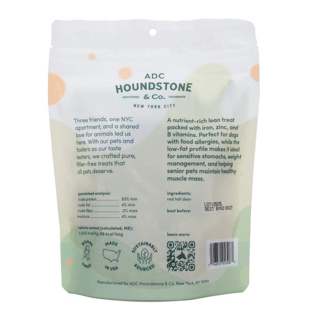 Back of a ADC Houndstone & Co low fat dog treats packaging with text and branding.