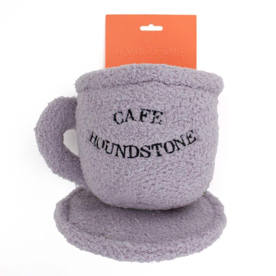 Gray plush Dog Squeaky Toy mug with 'Cafe Houndstone' text on a white background