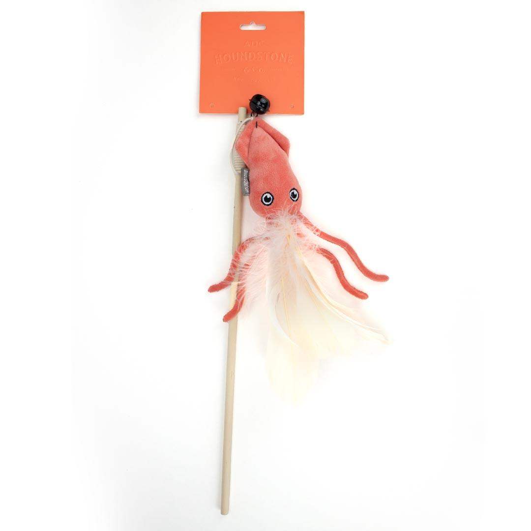 Plush squid cat toys on a stick with an orange tag, on a white background