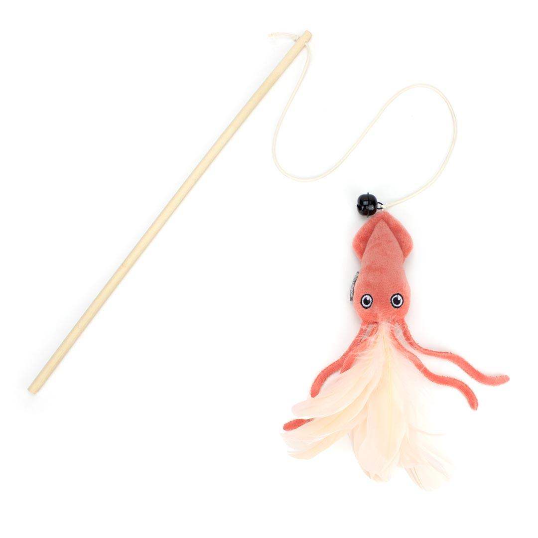 Plush squid interactive cat toys with a stick on a white background