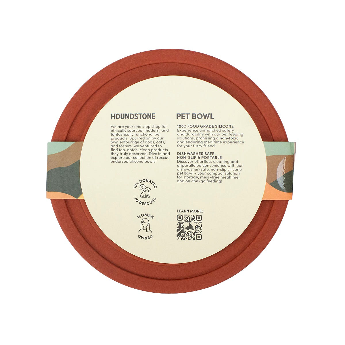 houndstone silicone dog water bowl in terracotta bottom view with packaging