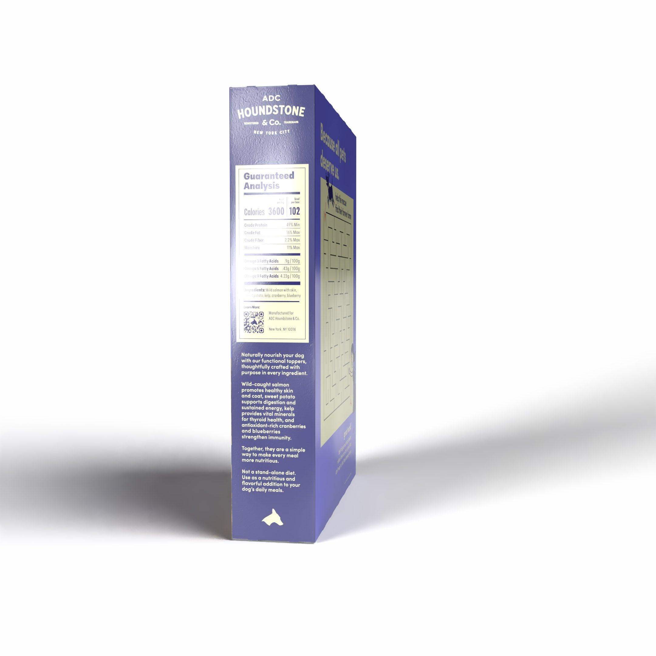 freeze dried dog food toppers skin and coat formula in a cereal box packaging 