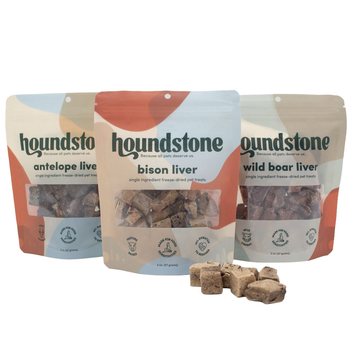 collection shot of Hounstone freeze dried cat treats, antelope liver, bison liver, and wild boar liver cat treats