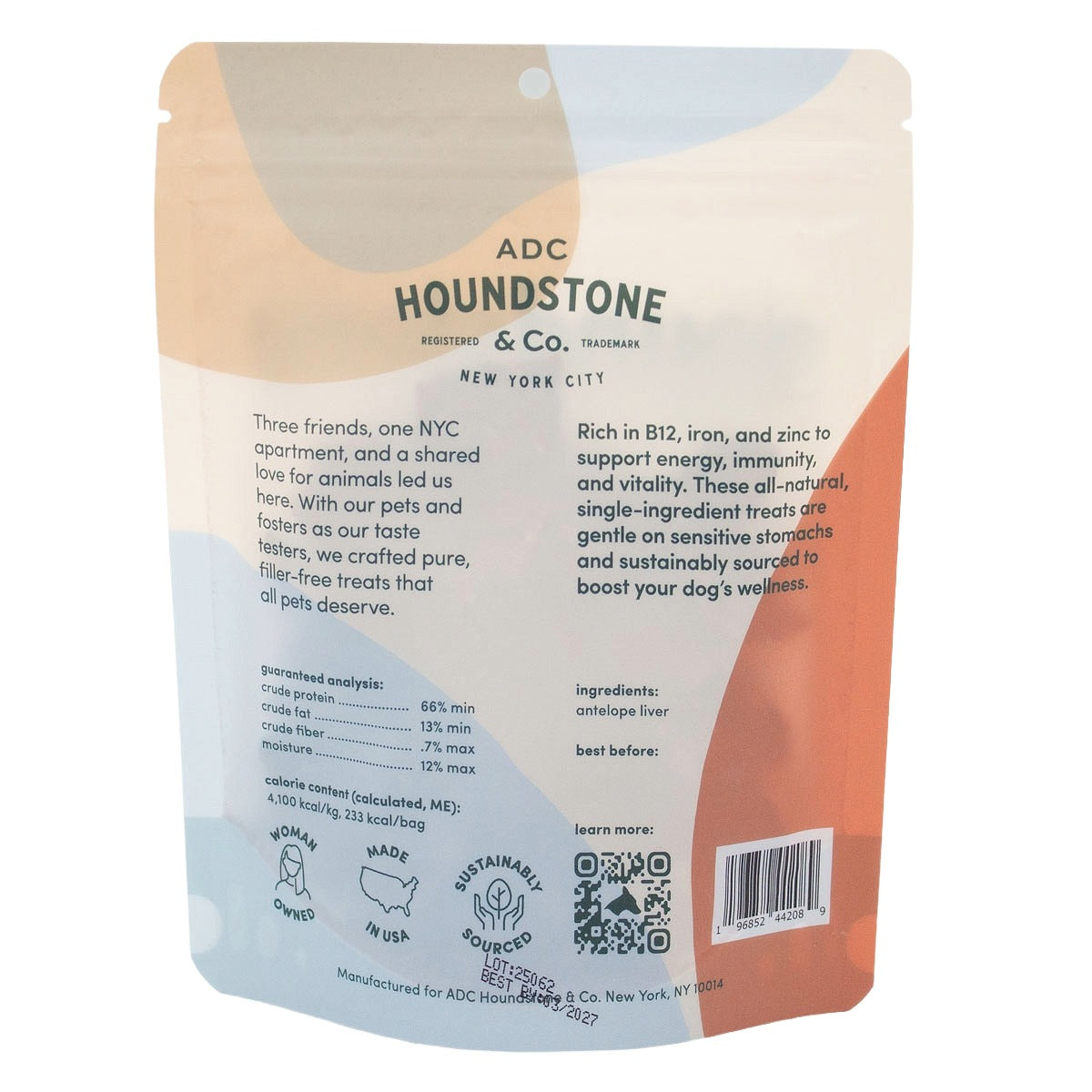 houndstone antelope liver freeze dried cat treats, back of pouch with nutritional information
