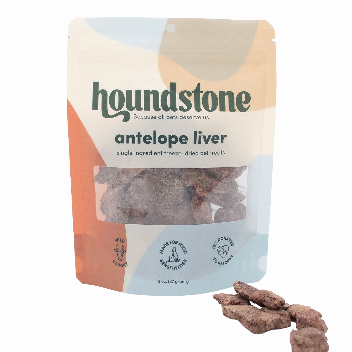 houndstone antelope liver freeze dried cat treats, with pieces of cat treats in front of the pouch