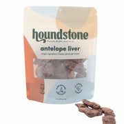 houndstone antelope liver freeze dried cat treats, with pieces of cat treats in front of the pouch