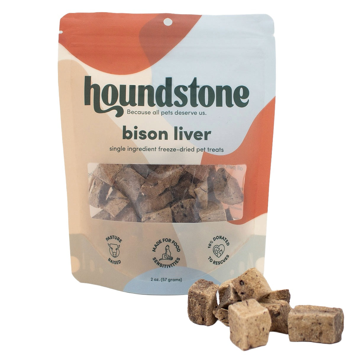 A 2 oz bag of Houndstone Bison Liver freeze-dried cat treats, shown with several brown cube-shaped cat treats placed in front on a white background.