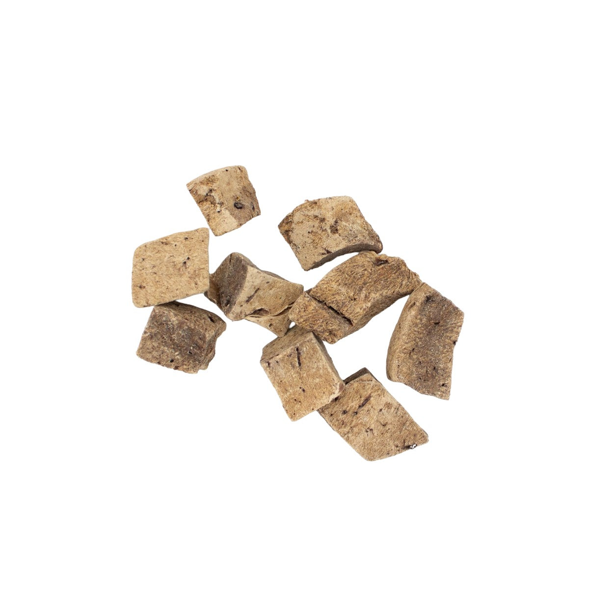 A pile of small, cat treat chunks, arranged on a solid white background.