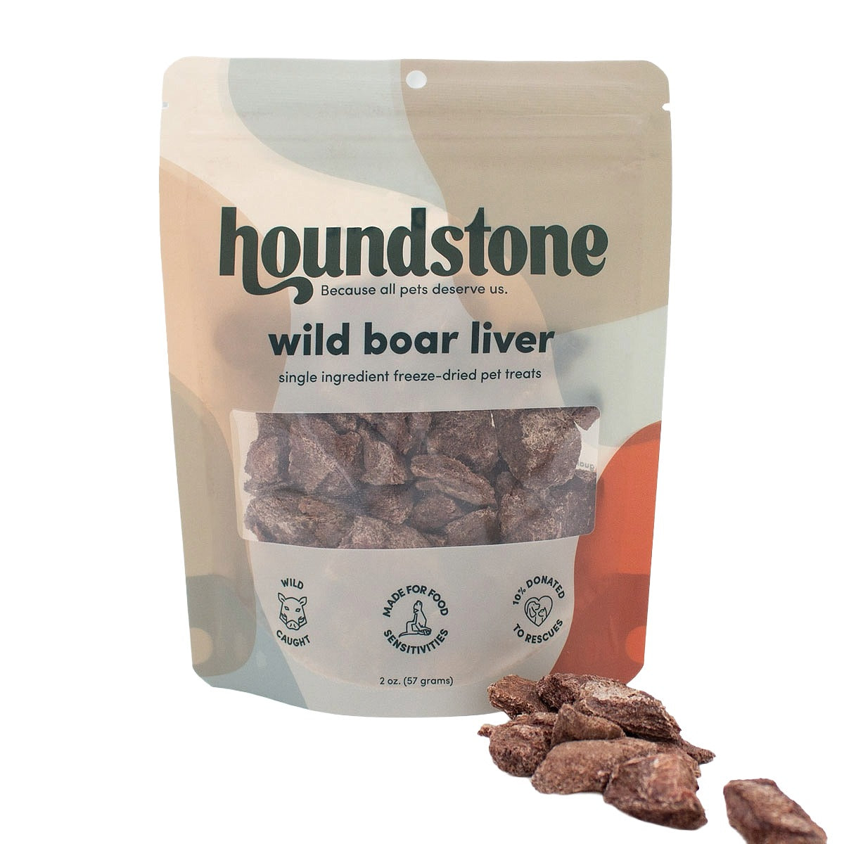 A stand-up pouch of Houndstone Wild Boar Liver single ingredient freeze-dried cat treats, with several pieces of the liver cat treats scattered in front on a white background.