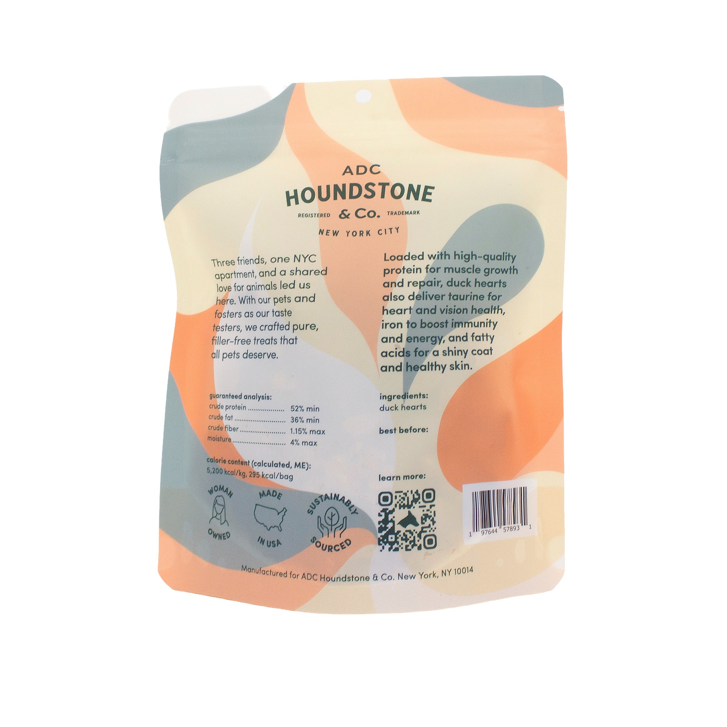 Back view of a Houndstone freeze dried cat treat bag, showing the product information, ingredients, and barcode on a clean white background.