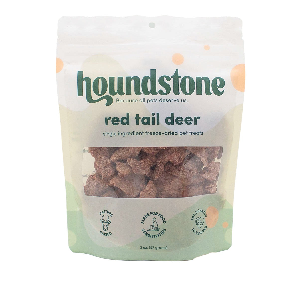 A 2 oz bag of Houndstone Red Tail Deer freeze-dried cat treats, featuring a clear window showing the brownish cat treats inside, on a white background.