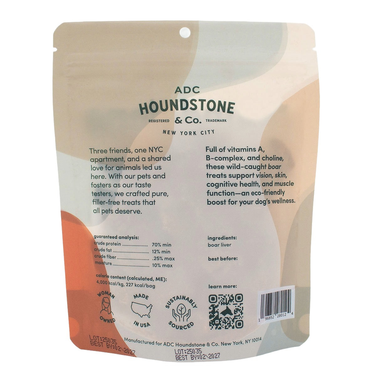 Back of a pouch of Houndstone cat treats, showing product details, ingredients, nutritional facts, and a barcode on a white background.