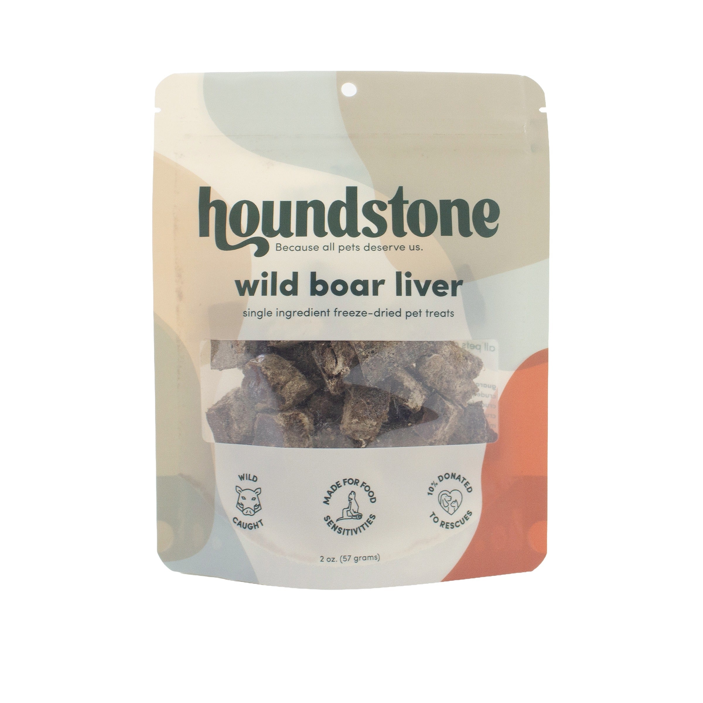 A package of Houndstone Wild Boar Liver single ingredient freeze-dried cat treats in a resealable stand-up pouch with a clear window showing the dark brown treats inside.