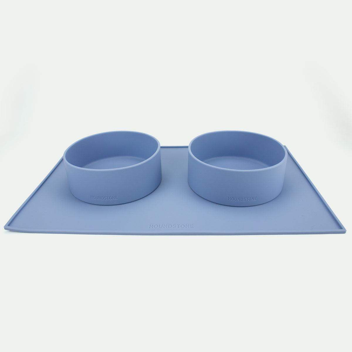 Houndstone silicone cat and dog food mat with bowls in sky blue