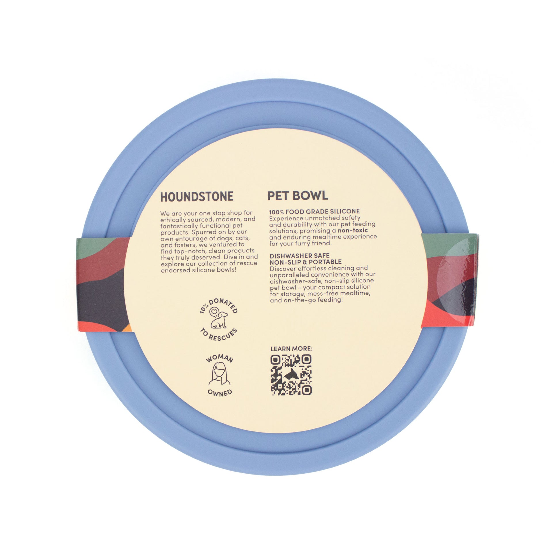 houndstone pony silicone dog bowl in blue bottom view with packaging details