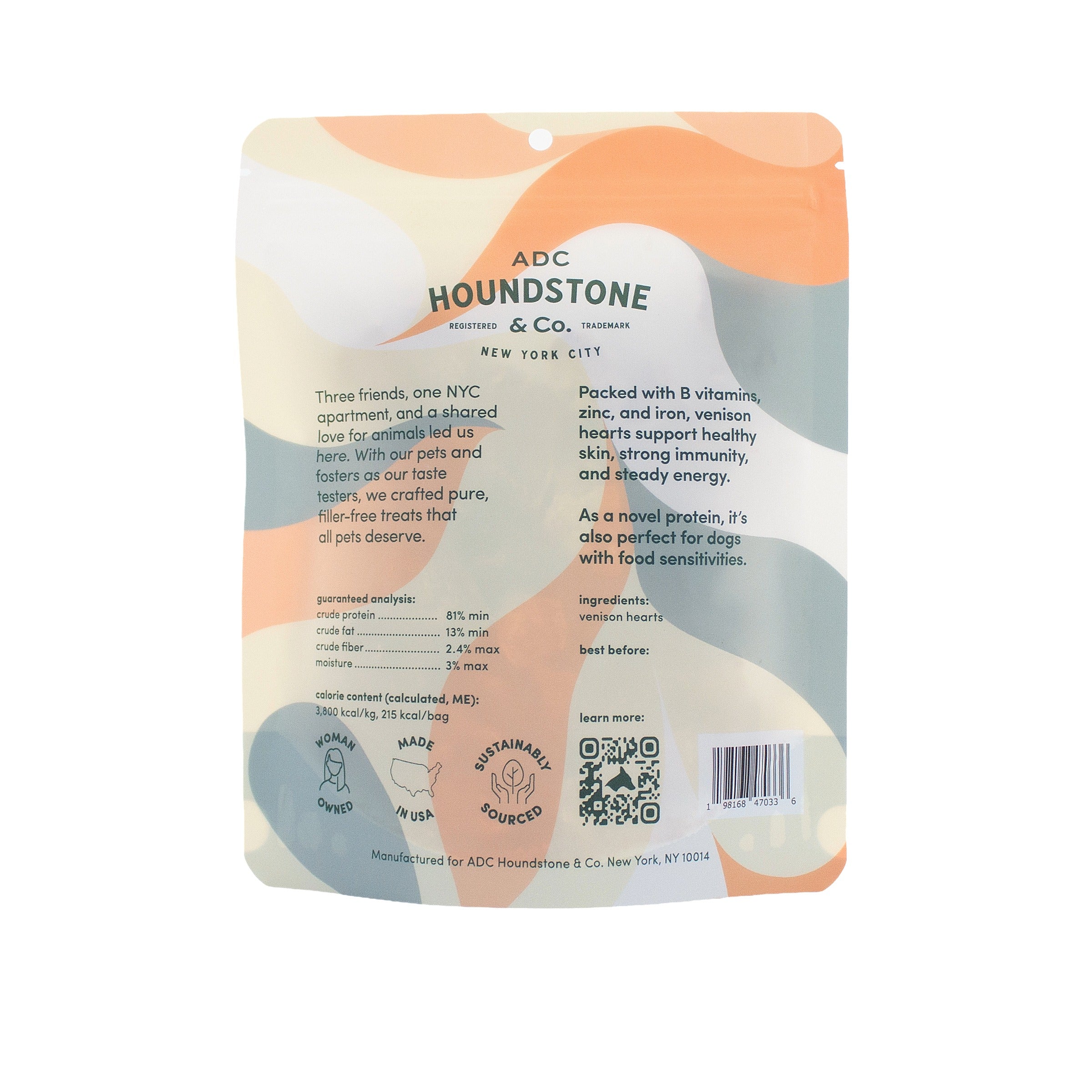 A stand-up pouch of Houndstone cat treats, showing the back panel with product information, ingredients, and a barcode on a white background.