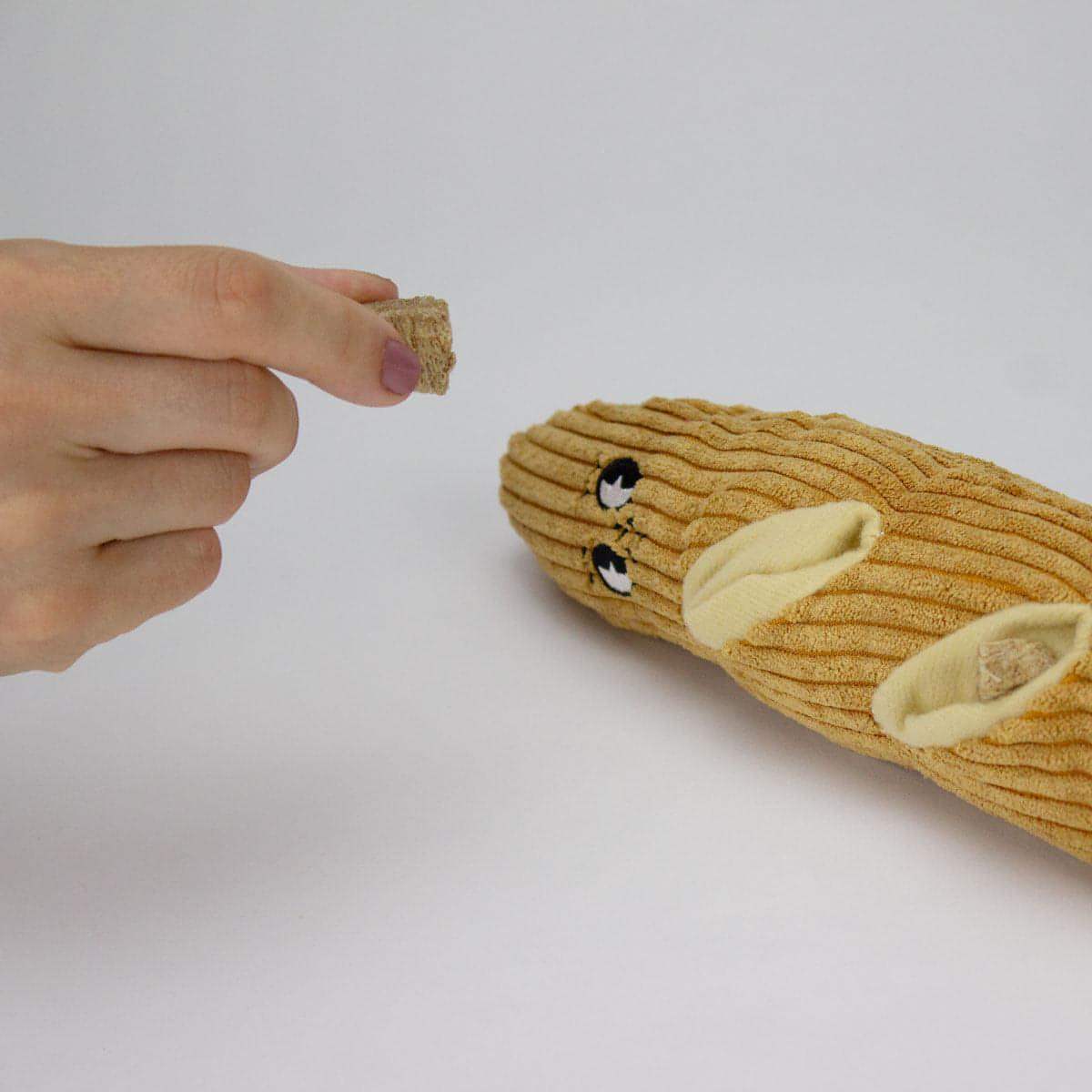 Houndstone Baguette interactive plush dog toy with treat compartments