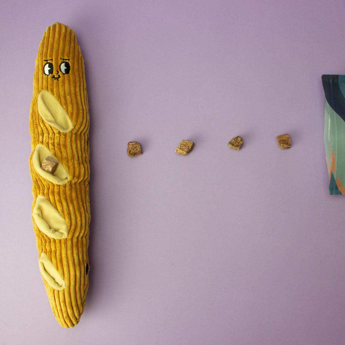 Houndstone Baguette interactive plush dog toy with treat compartments