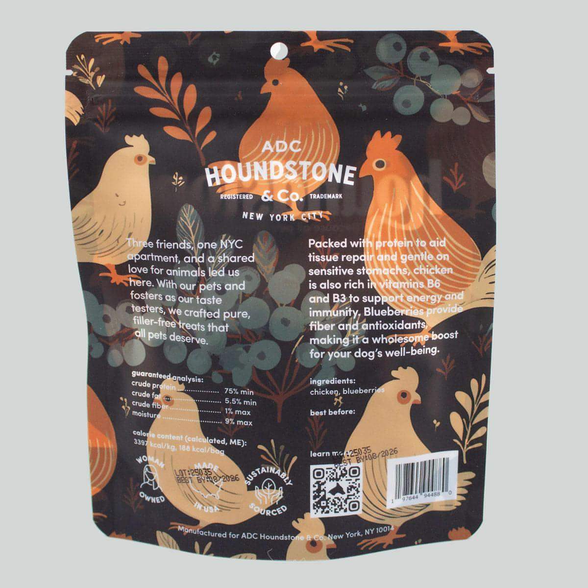 Houndstone chicken crunch low fat dog treats with chicken illustrations and text on a dark background