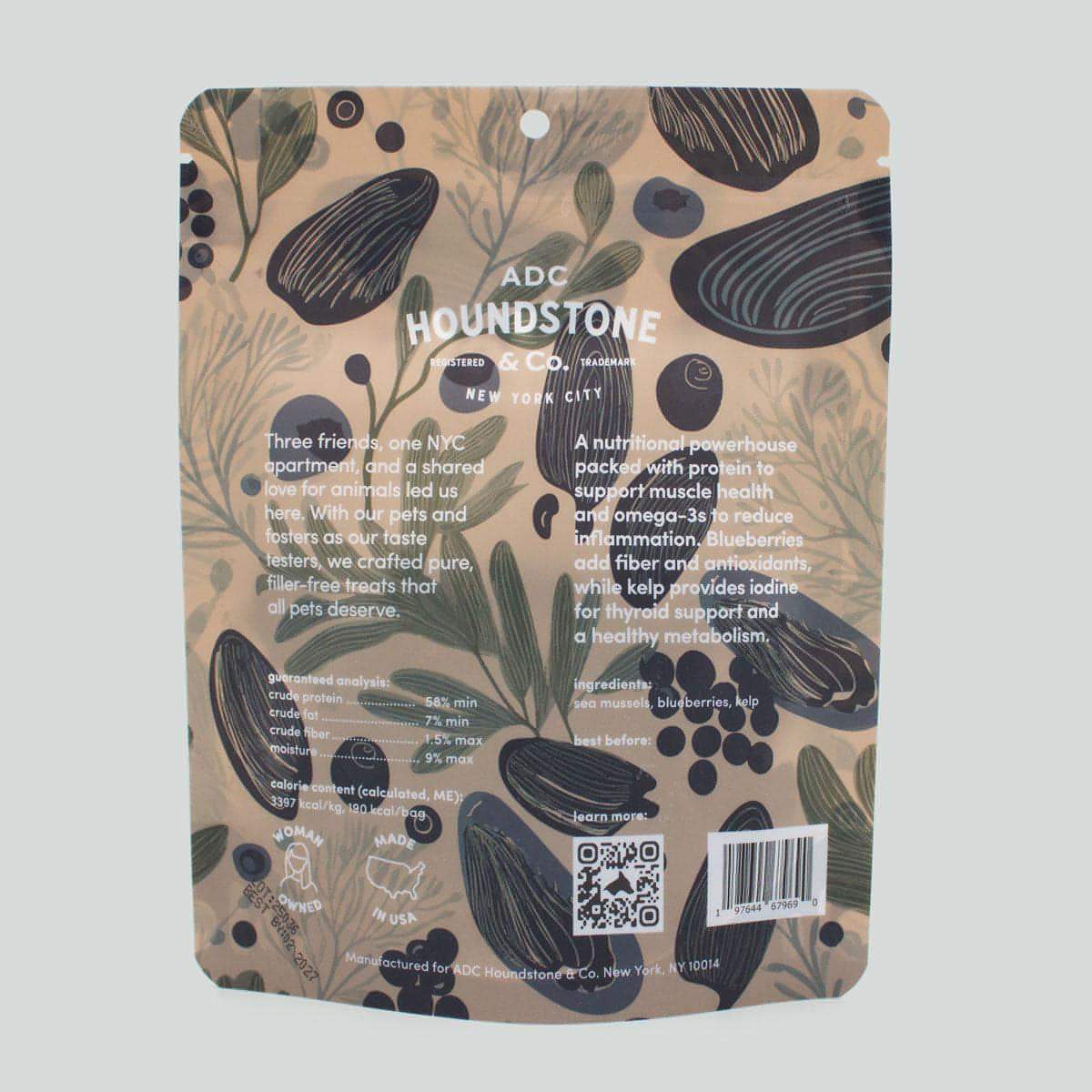 Back of houndstone 3 ingredient dog treats bag on white background