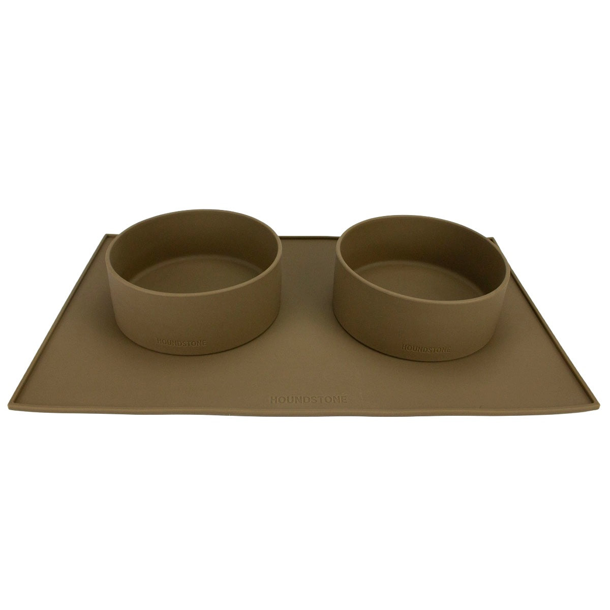 houndstone silicone dog food mat olive  with two dog bowls on it