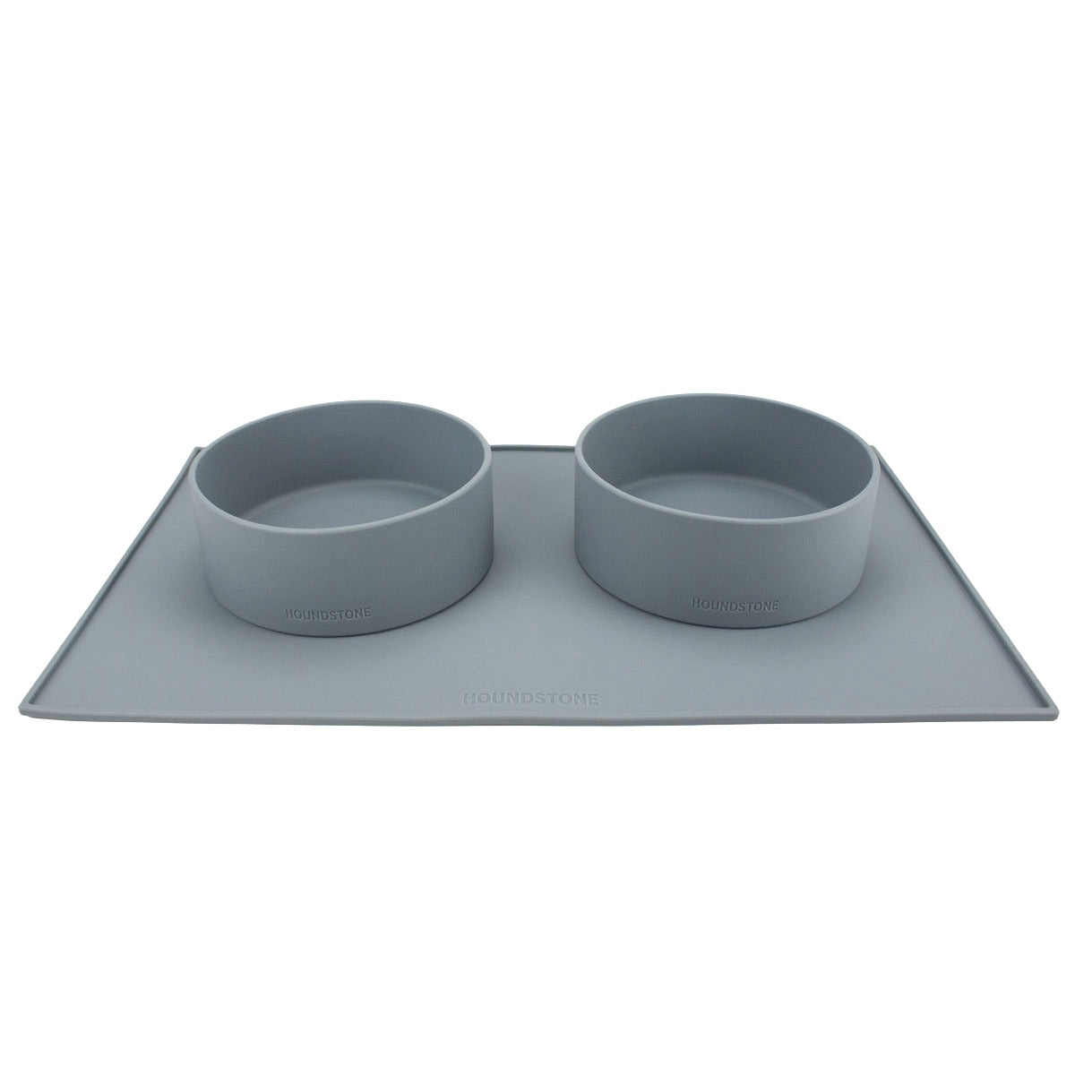 two houndstone pony silicone dog bowls in slate grey on a silicone dog food mat